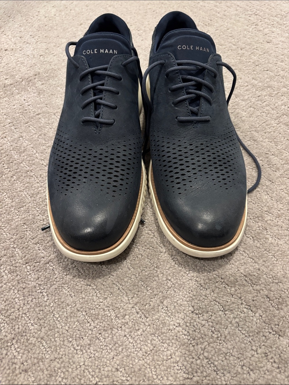 Cole Haan Navy Perforated Leather Oxfords with White Sole